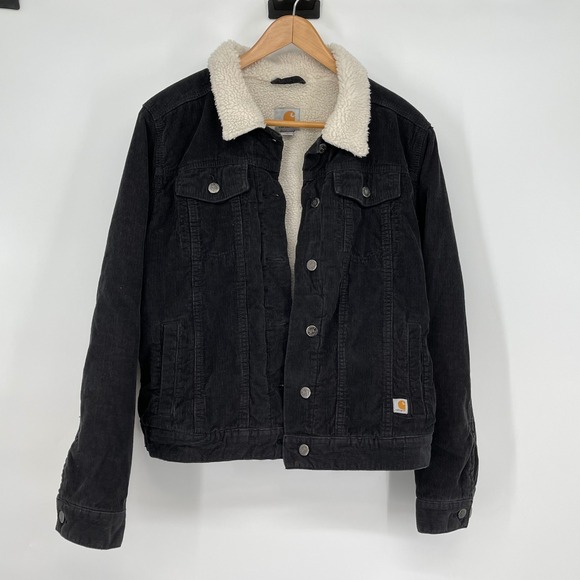 Carhartt Womens Corduroy Sherpa Lined Jacket Black Full Button Warm Coat Size M - Picture 1 of 9